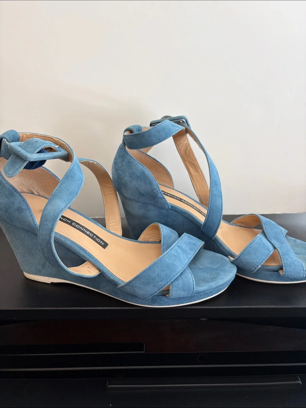 French Connection Sky Blue Suede Crisscross Wedge Sandals with Ankle Wrap
